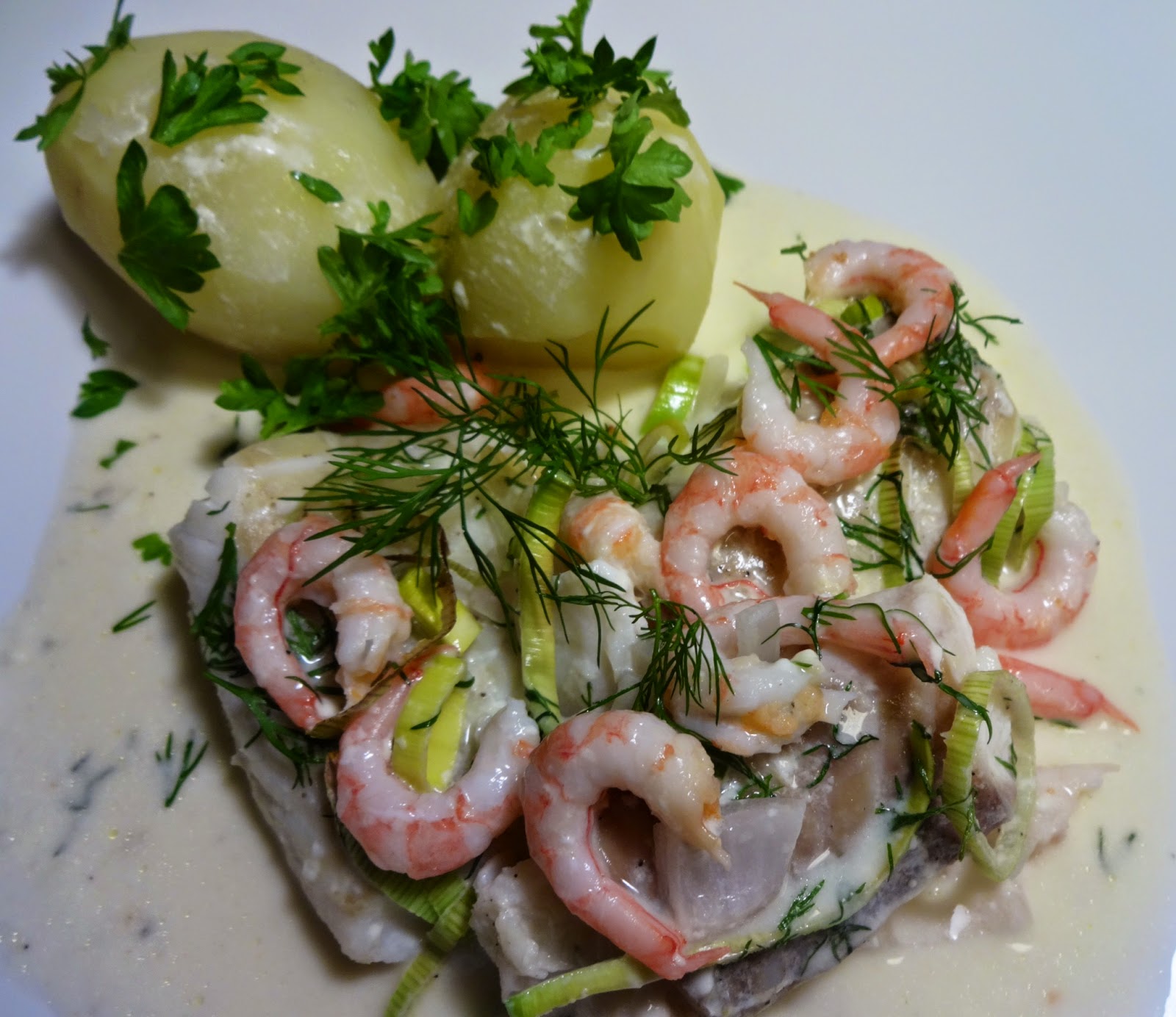 Edels Mat Ovnsbakt torskefilet med reker og dill